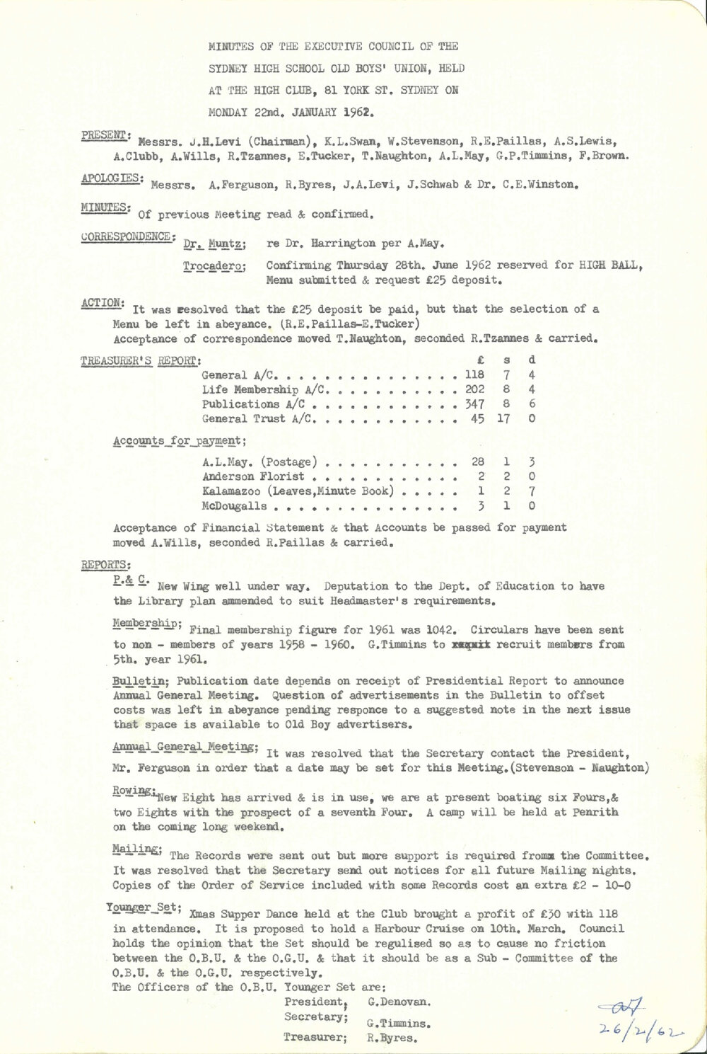 Sydney High School Old Boys Union Minutes, 1962