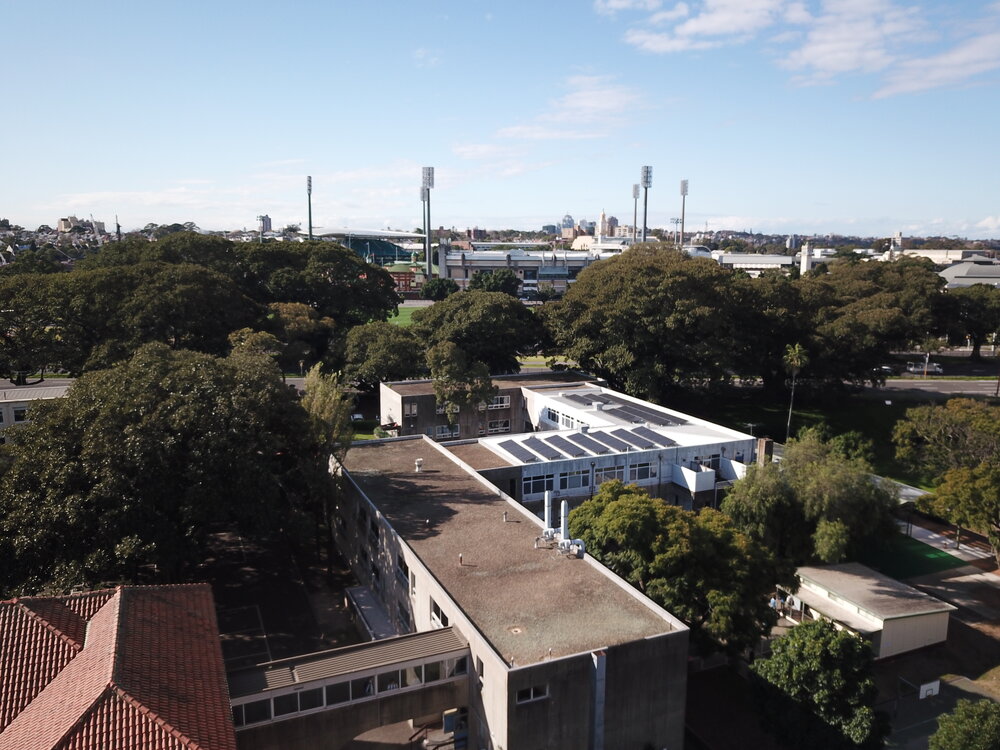 Aerial view of school grounds, 2020