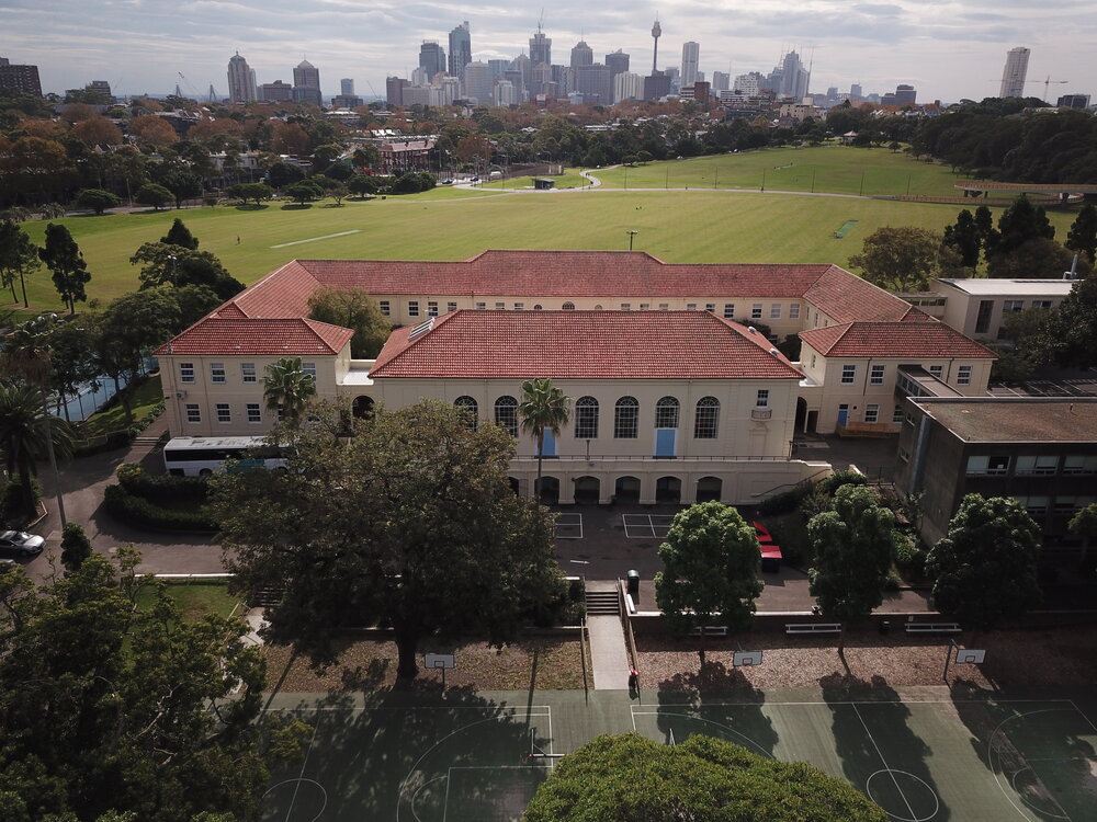 Aerial view of school grounds, 2020
