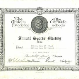 Certificate: GPS Annual Sports Meeting 1964