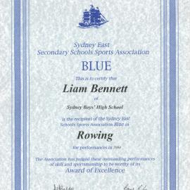 Certificate: Combined High Schools, Sydney East - Rowing Blue 2004