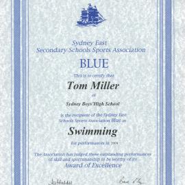 Certificate: Combined High Schools, Sydney East - Swimming Blue 2004