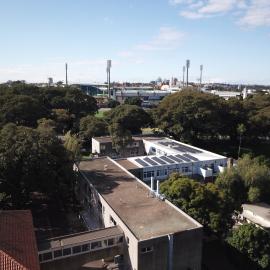 Aerial view of school grounds, 2020