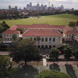 Aerial view of school grounds, 2020