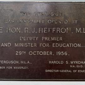 Plaque: Opening of gymnasium, 29 October 1956